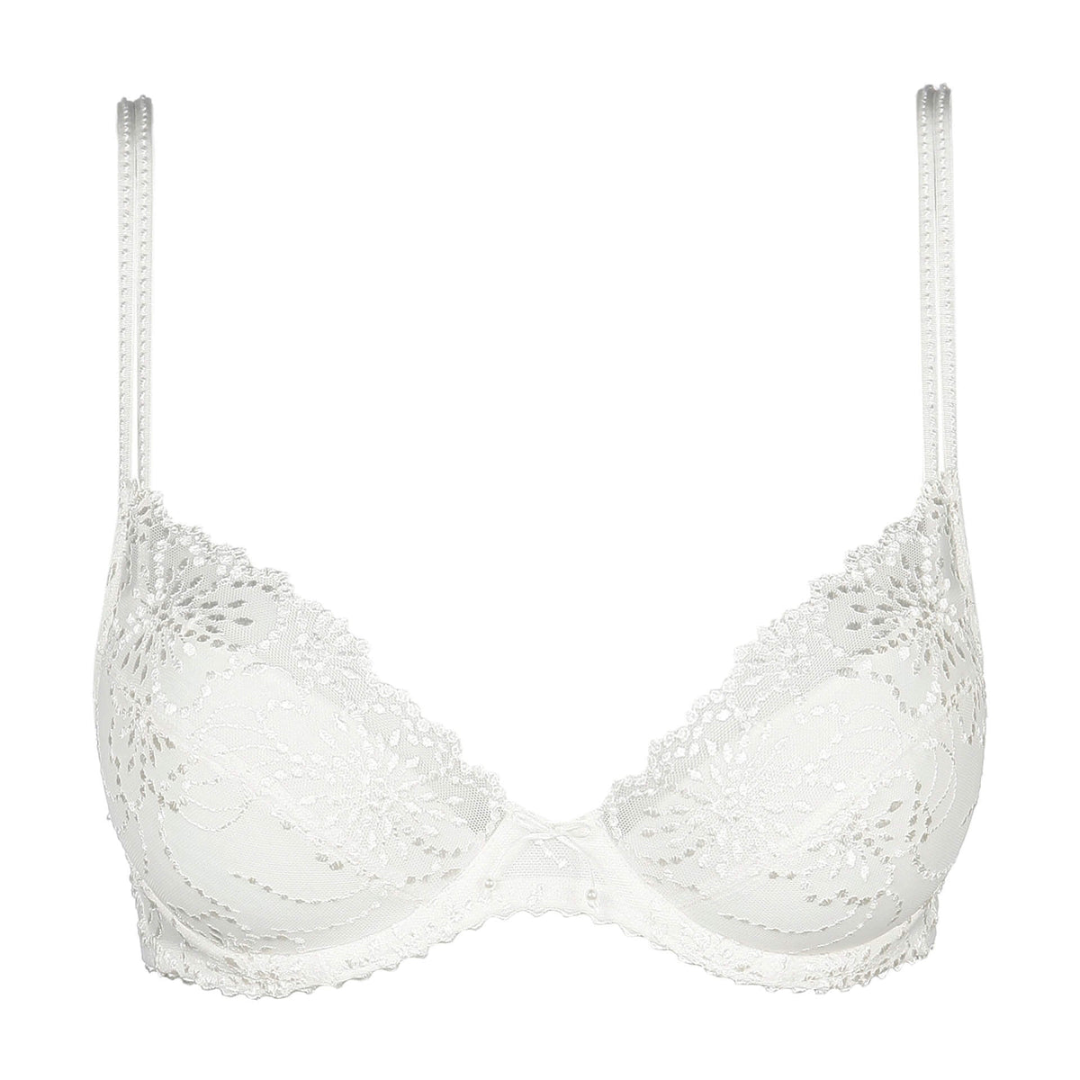 Marie Jo Jane 139310 balconette-bh i naturlig, off-white farve med bøjle, blomsterblonder og justerbare stropper.