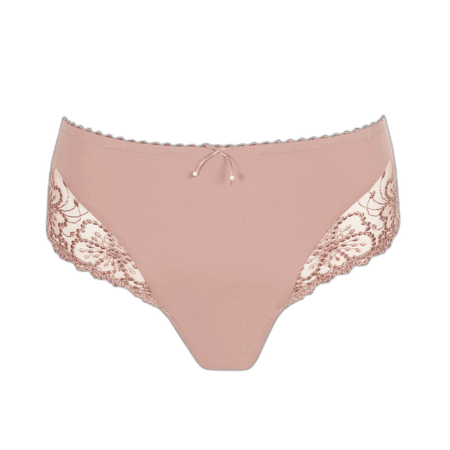 Marie Jo »Jane Bois De Rose Rosa« maxi-trusse i lyserødt med blonder og sløjfe, vist på hvid baggrund.