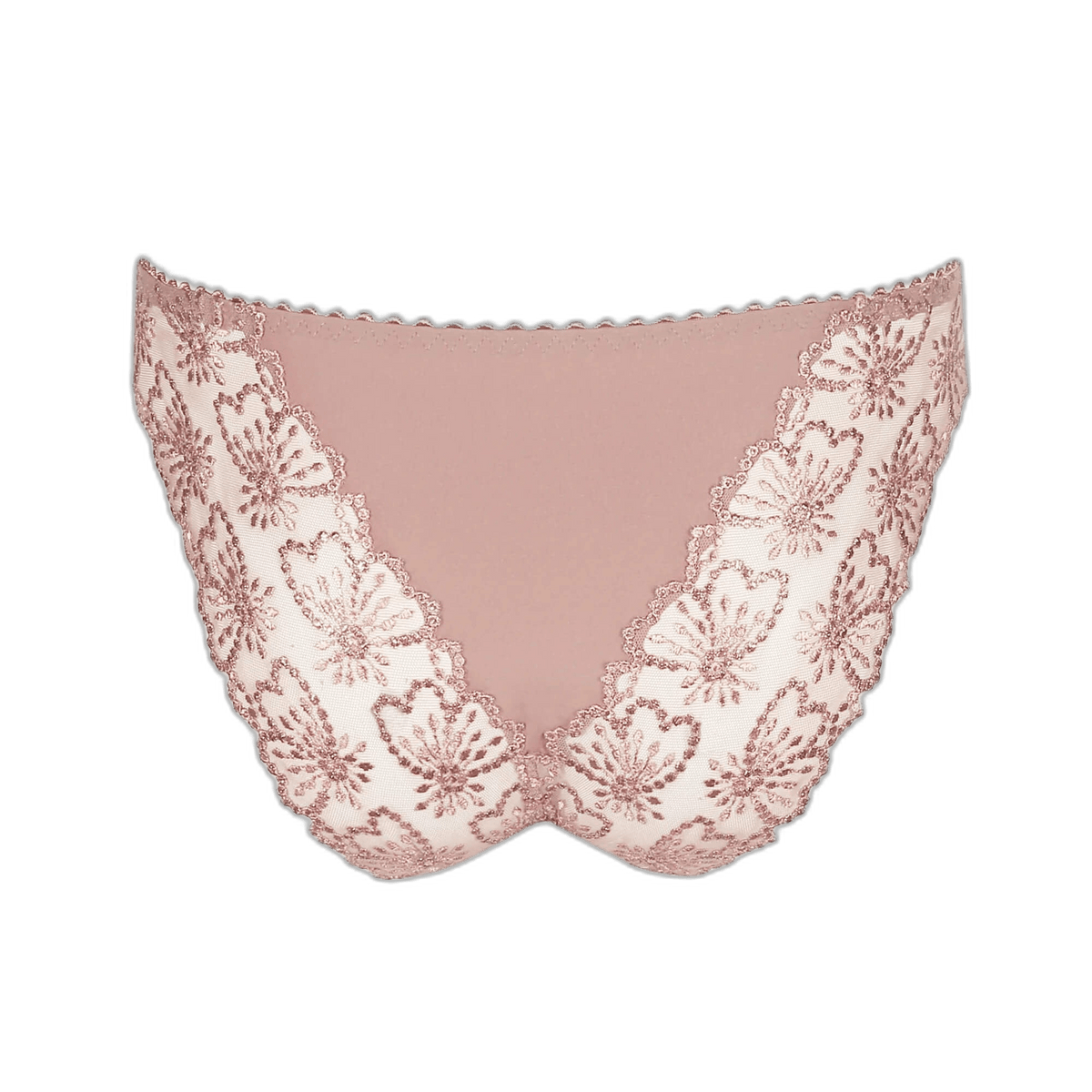 Marie Jo – Jane Bois De Rose Rosa trusse med elegant broderi og bølget kant på hvid baggrund.