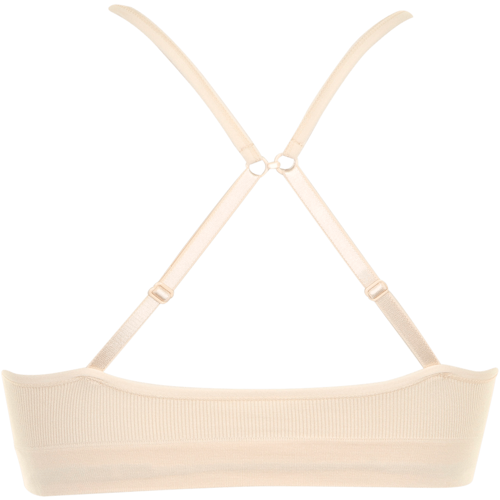 Bagfra-billede af Missya – Lucia Nude Hud-bralette med justerbare X-stropper, ribdetaljer og blødt materiale.