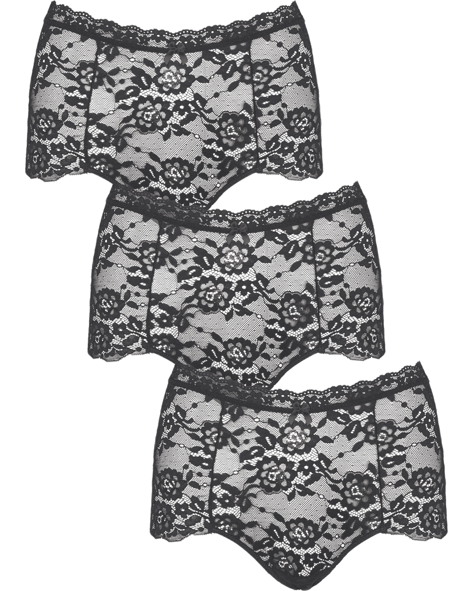 Tre par Missya Lace 3-Pack Sort dameundertøj stablet på en ensfarvet hvid baggrund.