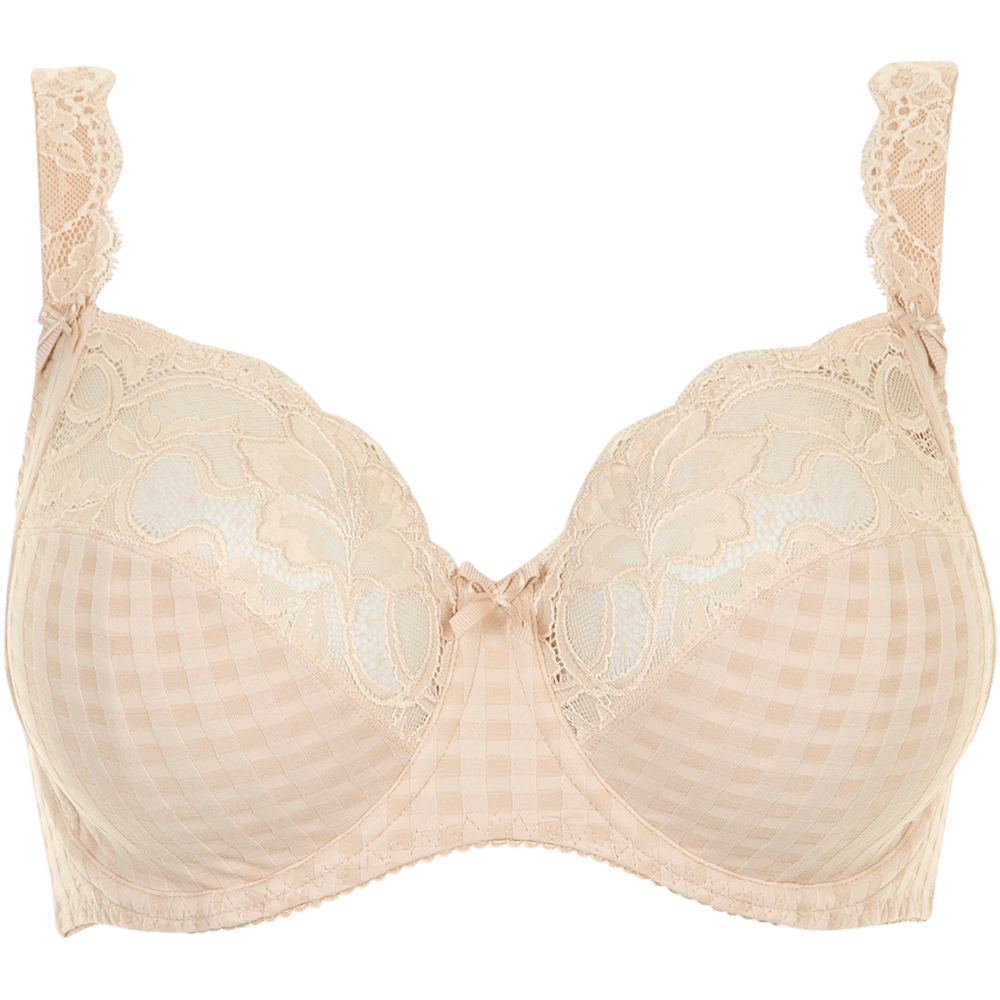 PrimaDonna Madison Caffè Latte sandfarvet bh med blonder og gingham på de nederste skåle.