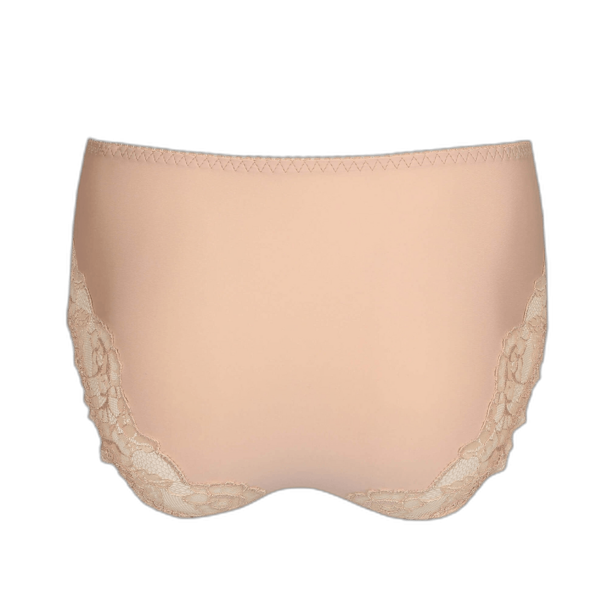 PrimaDonna Madison Caffè Latte maxi-trusse med blonder, høj talje, set bagfra mod hvid baggrund.