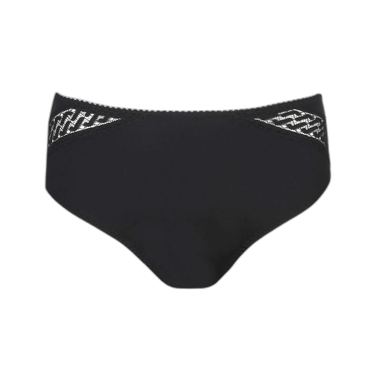 PrimaDonna Montara Zwa Sort – sort bikiniunderdel med høj talje og hvide zigzag-sidepaneler på en ensfarvet hvid baggrund.