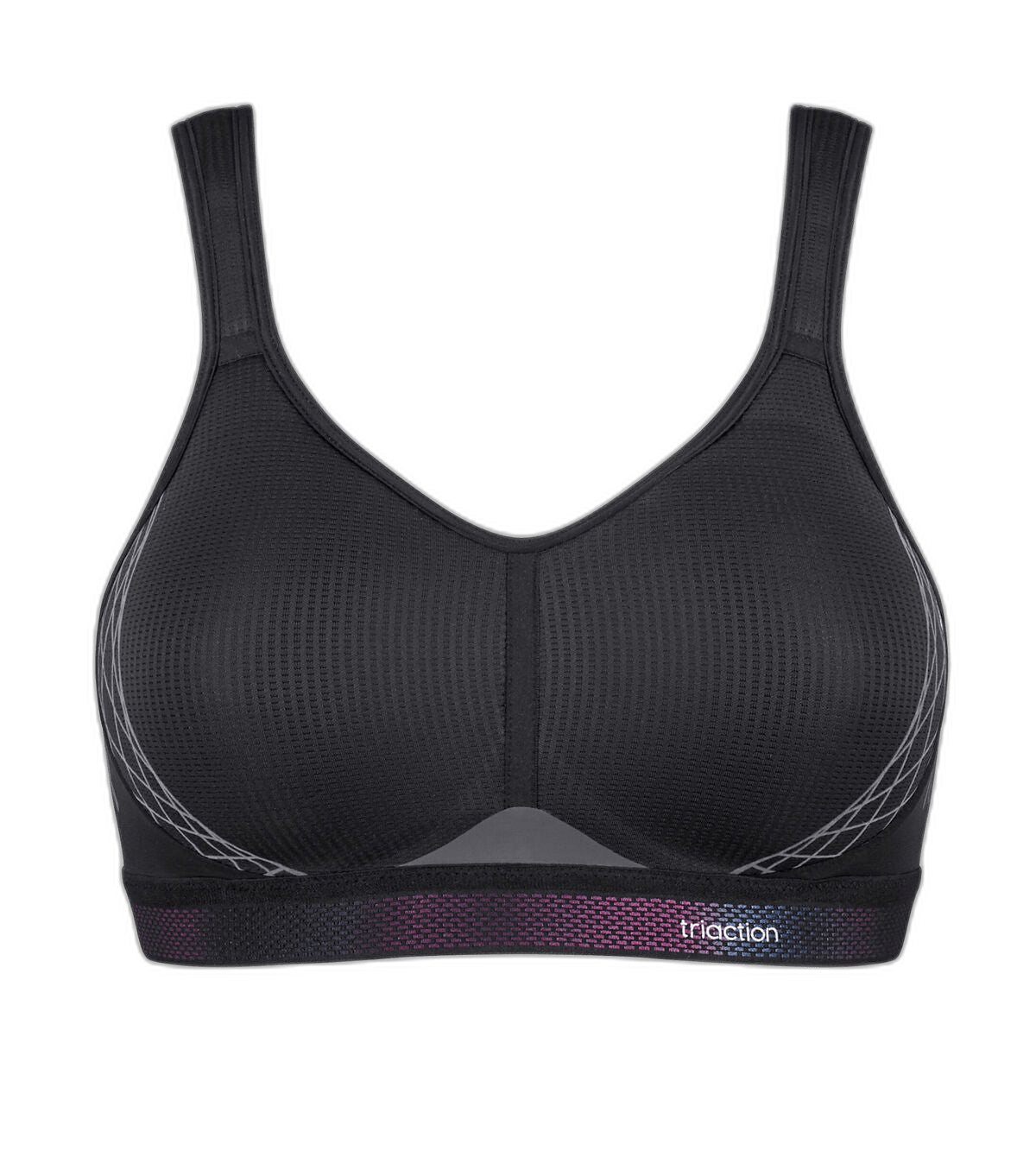 Triumph 136811 Triaction Sort: sort sports-BH med brede stropper, mesh, Cloud Spacer og logo på den nederste kant.