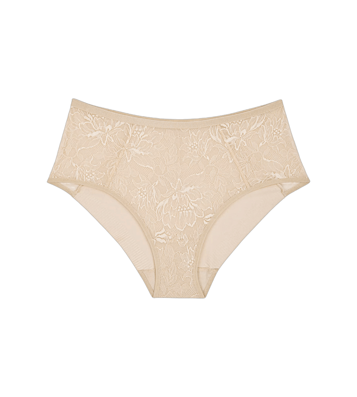 Triumph Amourette Charm 6720 Hud trusser med høj talje, beige blonder, vist fladt på en hvid baggrund.