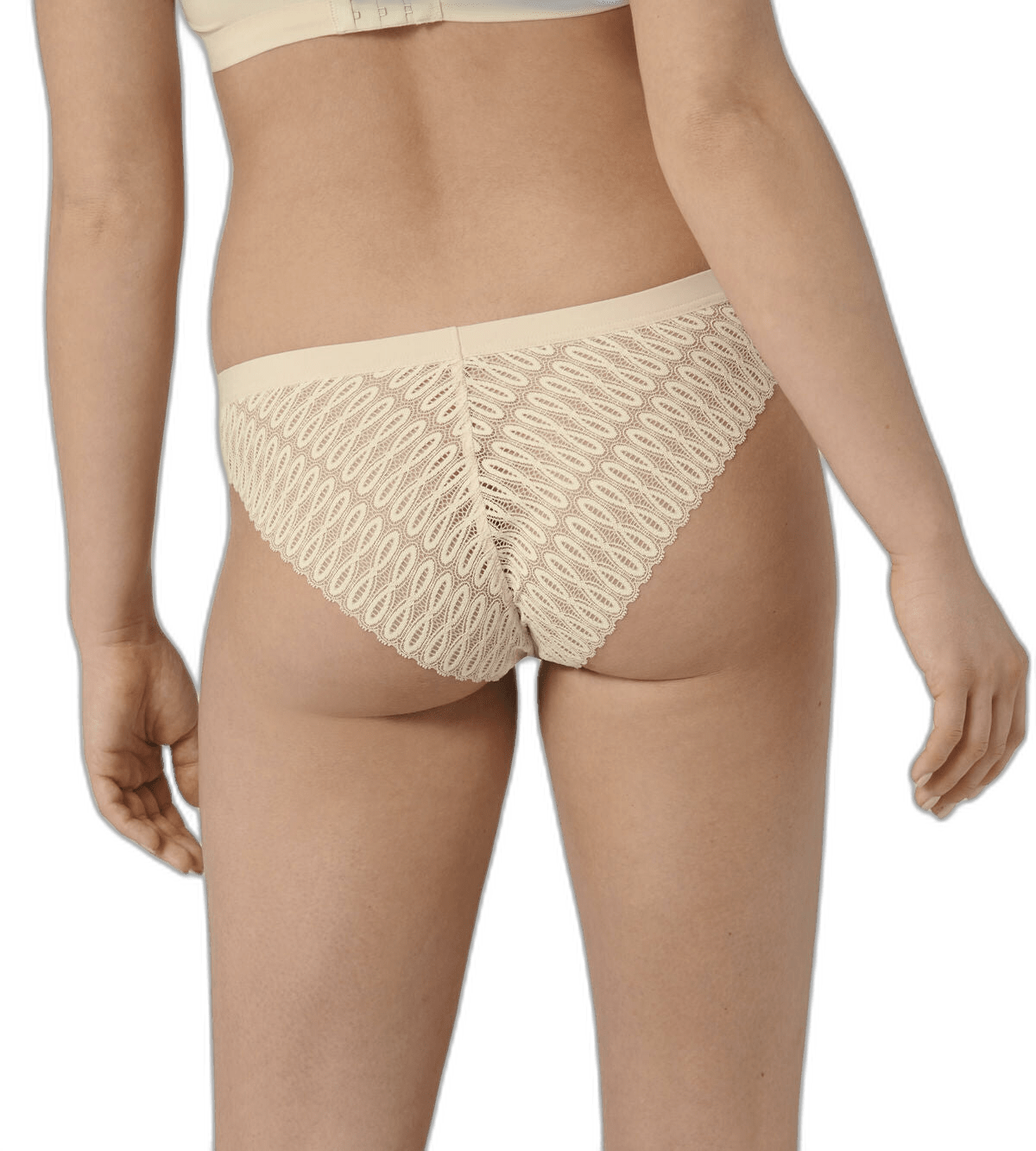 Person iført Triumph Aura Spotlight 6720 Hud-bh og trusser, beige, vist set bagfra på en ensfarvet baggrund.