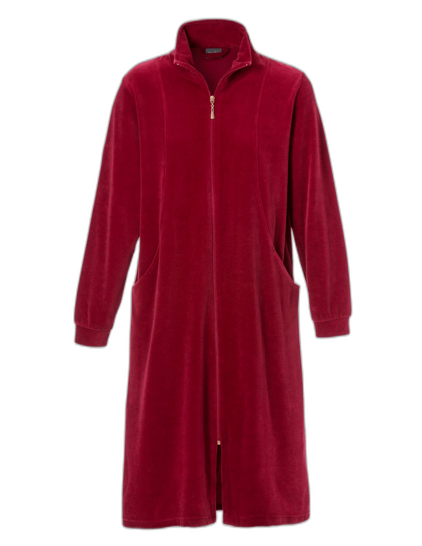 TROFÉ Velour-kåbe, lange ærmer, knælængde, lynlås foran, lommer, opretstående krave; Rød lynlås-stil.