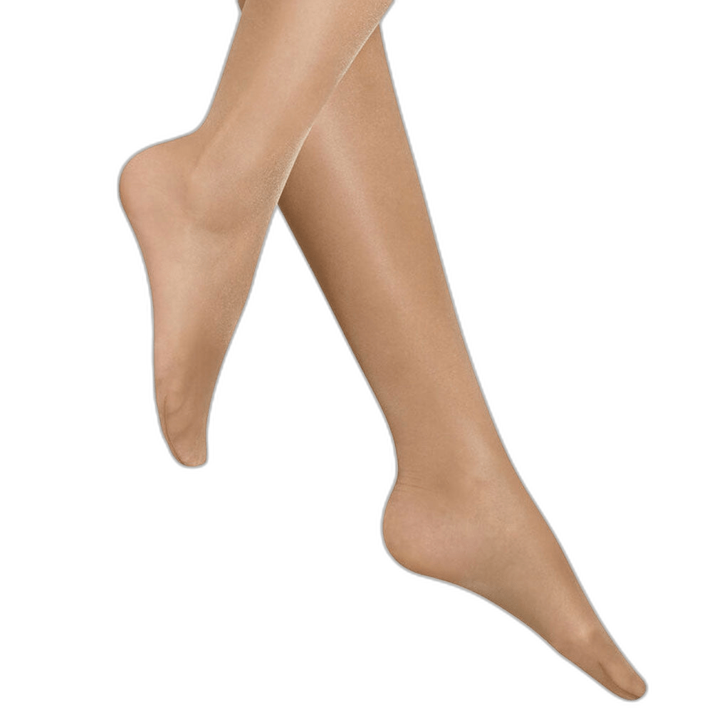 Wolford Satin Touch 20 Comfort Sand W-strømpebukser fra Wolford vist på benene på en hvid baggrund.